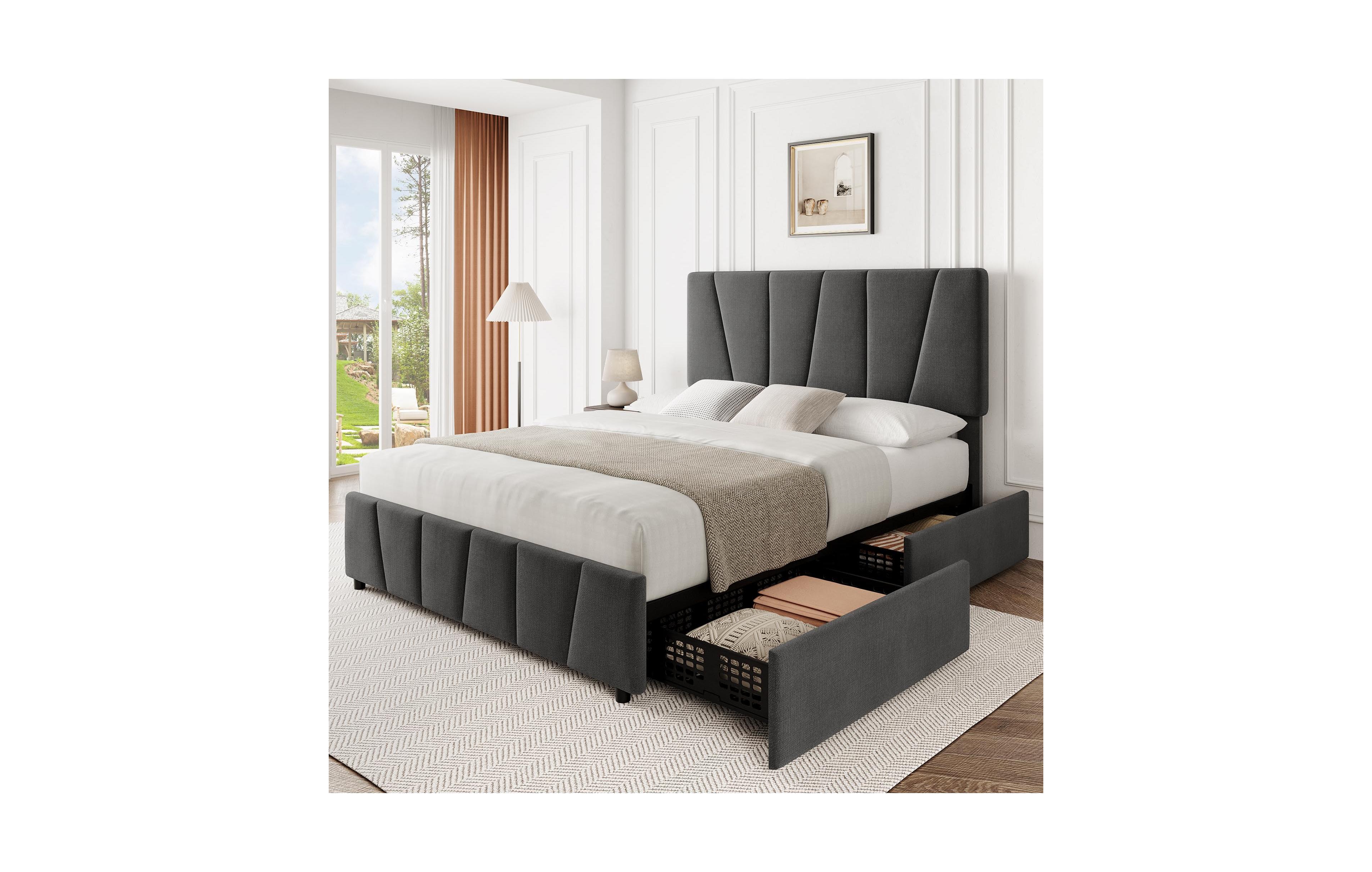 Gaomon Full Size Upholstered Bed Frame - 4 Storage Drawers, Adjustable Velvet Headboard, Wooden Slats Support