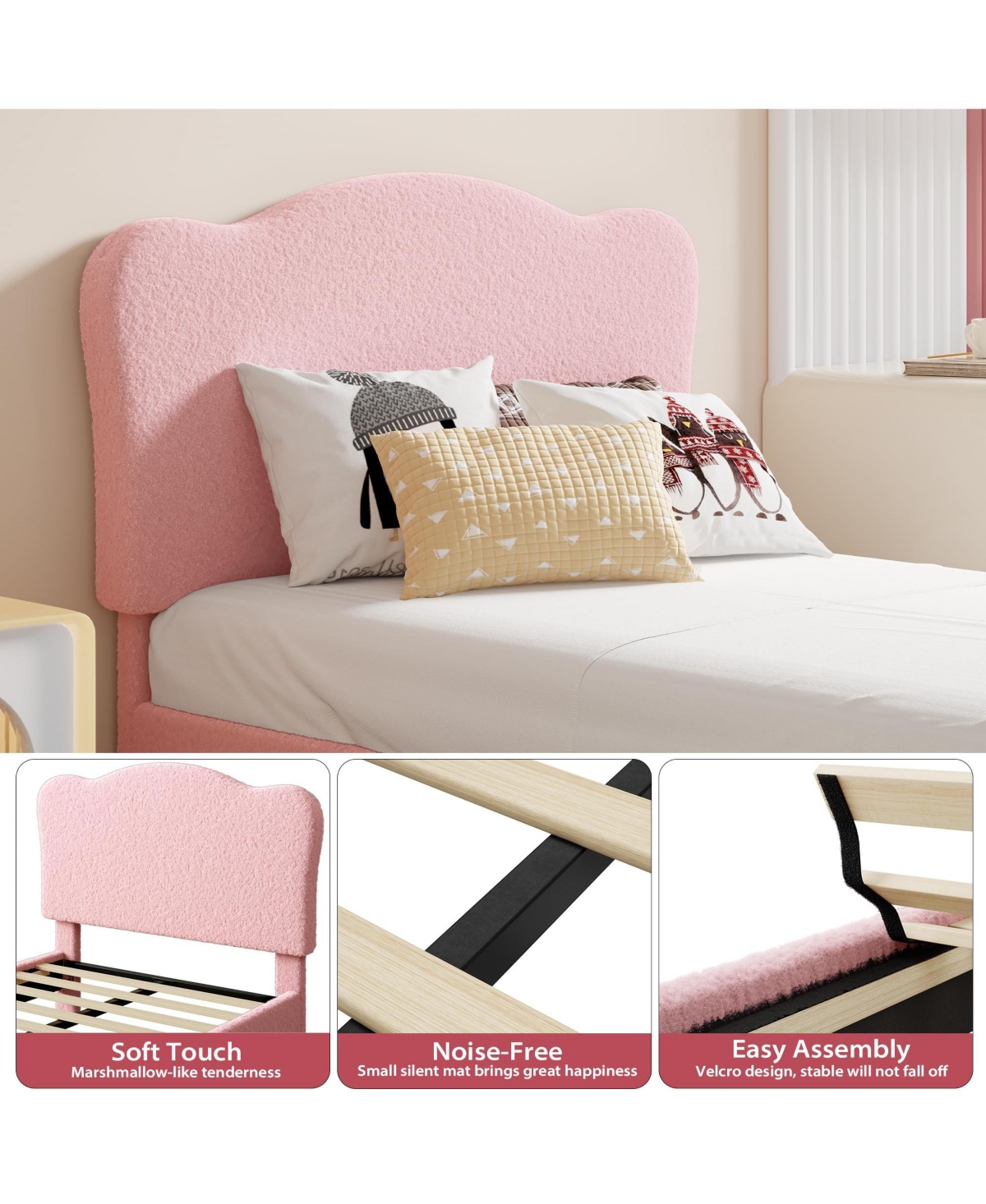 Gaomon Twin Size Bed Frame for Kids with Scallop Headboard, Cute Velvet Twin Bed for Girls, Boys