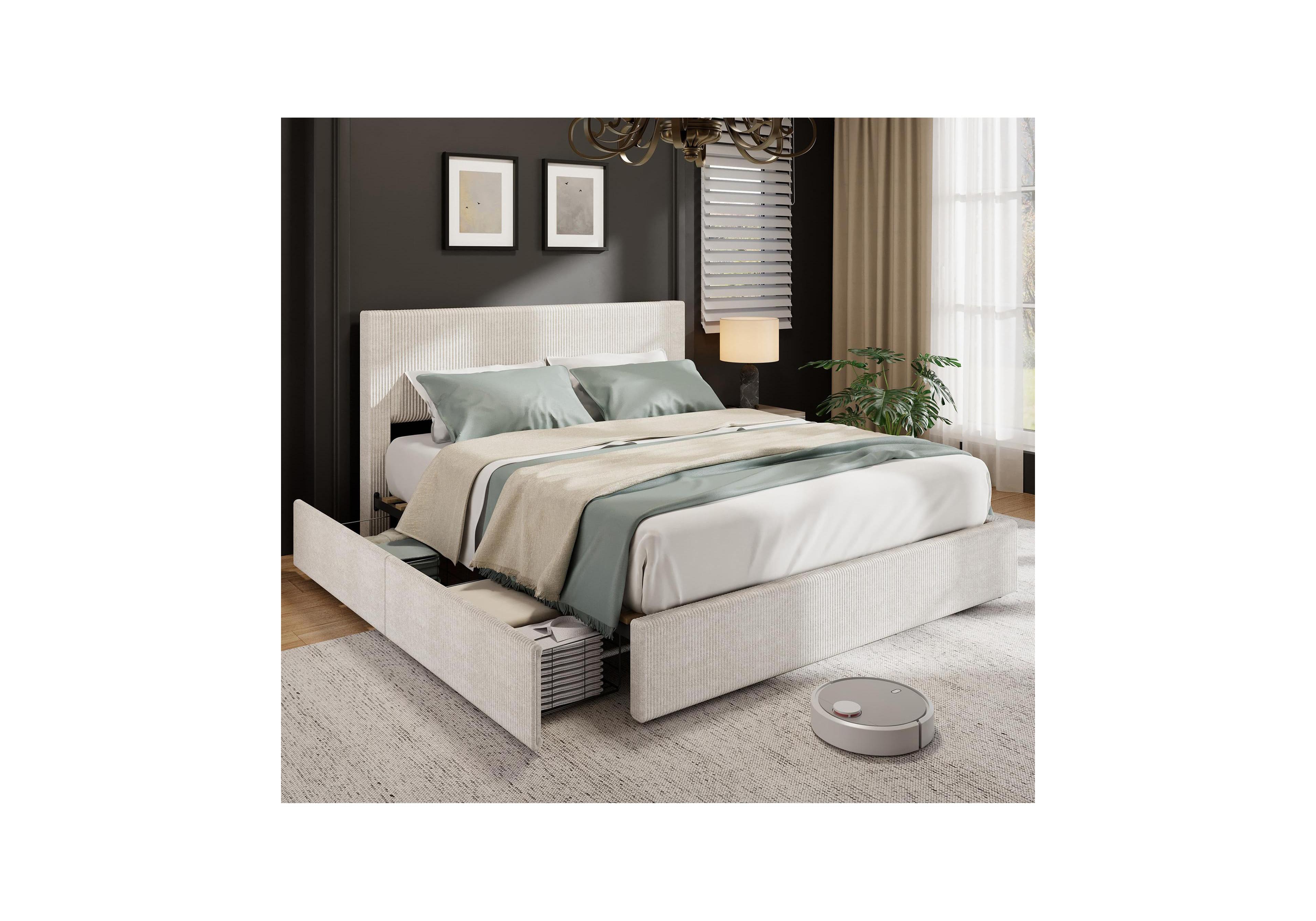 Gaomon Queen Upholstered Platform Bed Frame with 4 Storage Drawers and Channel Tufted Wingback Headboard