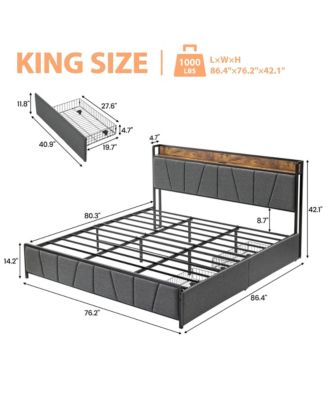 King Size Bed Frame with 2 Storage Drawers and Charging Station, Rustic Linen Upholstered Platform Bedframe