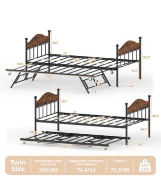 Daybed with Trundle, Metal Twin Size Day Bed with Stylish Headboard, Sofa Bed Frame with Pop Up Foldable Trundle Bed