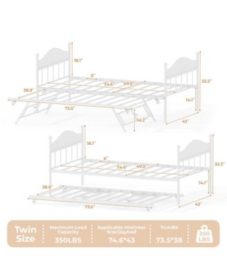 Daybed with Trundle, Metal Twin Size Day Bed with Stylish Headboard, Sofa Bed Frame with Pop Up Foldable Trundle Bed