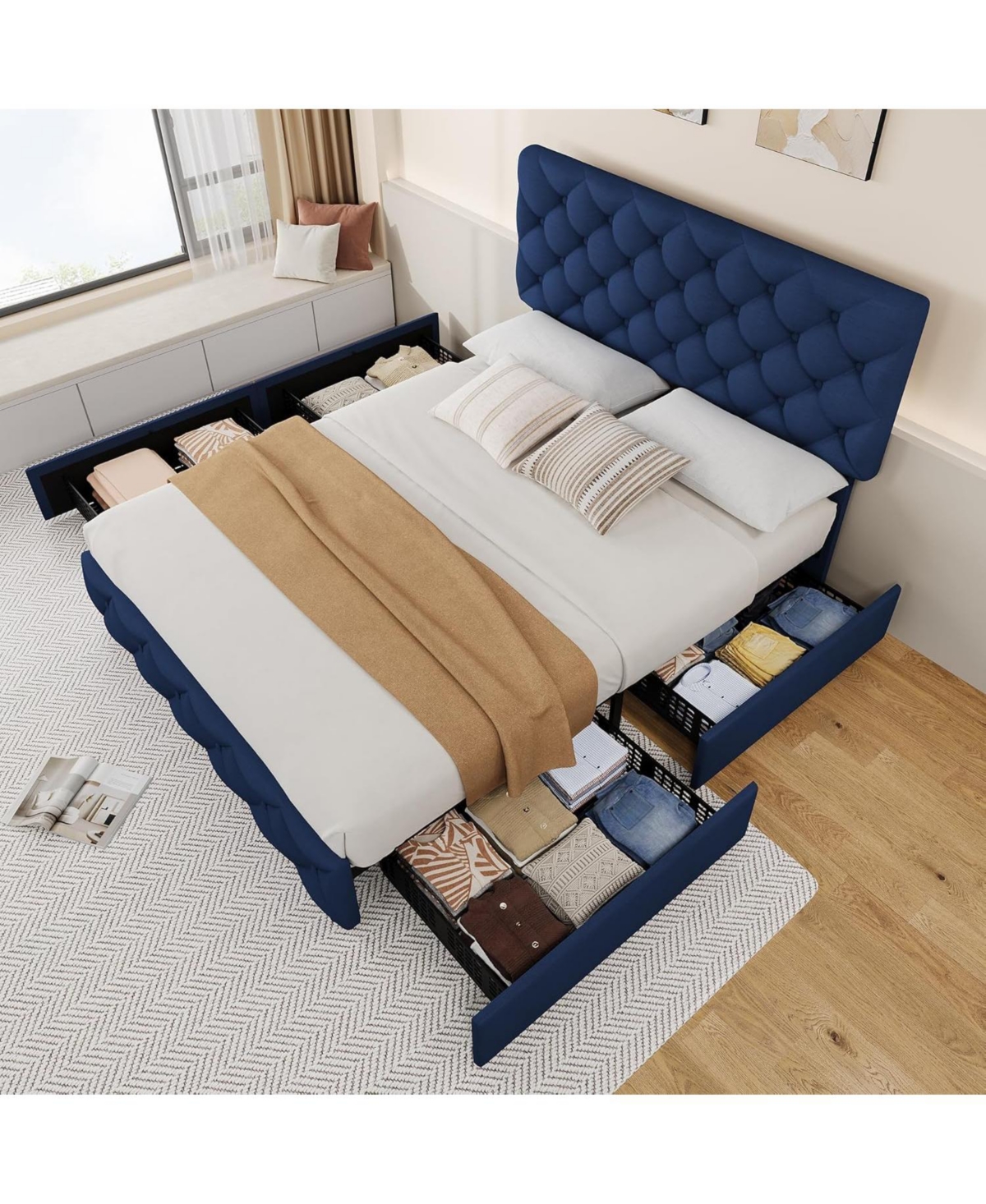 gaomon Full Bed Frame with 4 Storage Drawers and Headboard, Linen Upholstered Platform Bed Frame with Wooden Slats Support