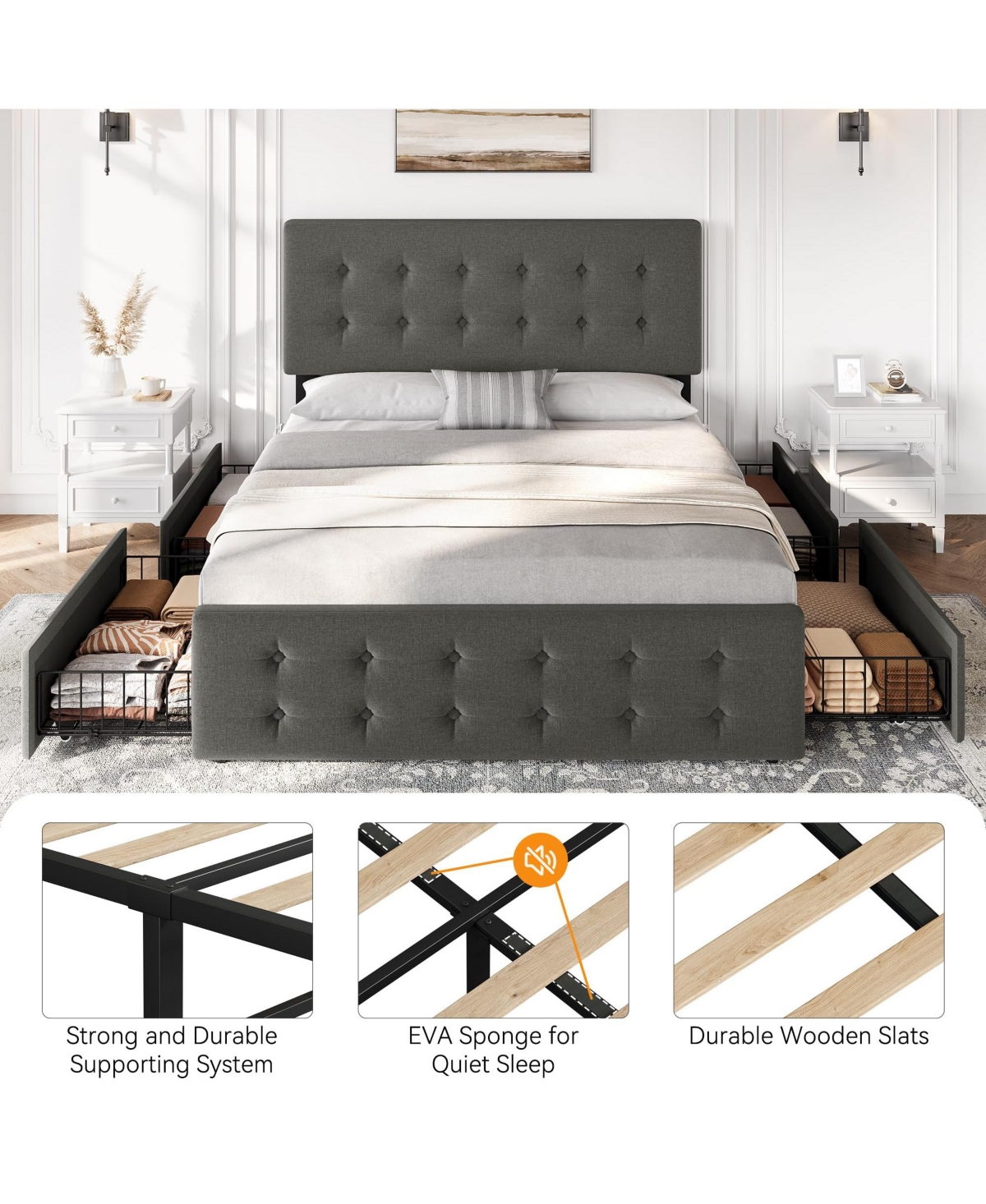 Full Bed Frame with Headboard and 4 Storage Drawers, Platform Bed Frame Square Stitched Button Tufted