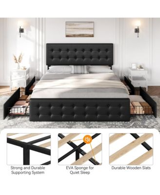 King Bed Frame with Headboard and 4 Storage Drawers, Platform Bed Frame Square Stitched Button Tufted