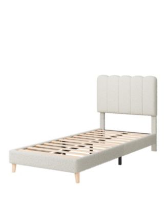Twin-XL Bed Frame, Boucle Upholstered Platform Bed with Wave Headboard for Girls/Kids, Easy Assembly, Wooden Slats Support