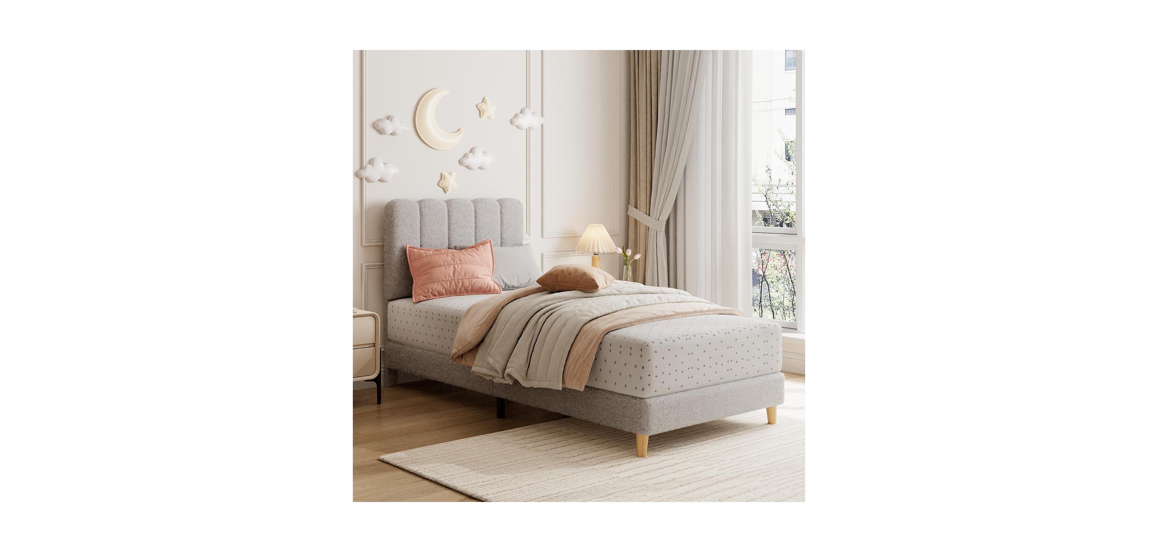 Gaomon Twin Bed Frame, Boucle Upholstered Platform Bed with Wave Headboard for Girls/Kids, Easy Assembly