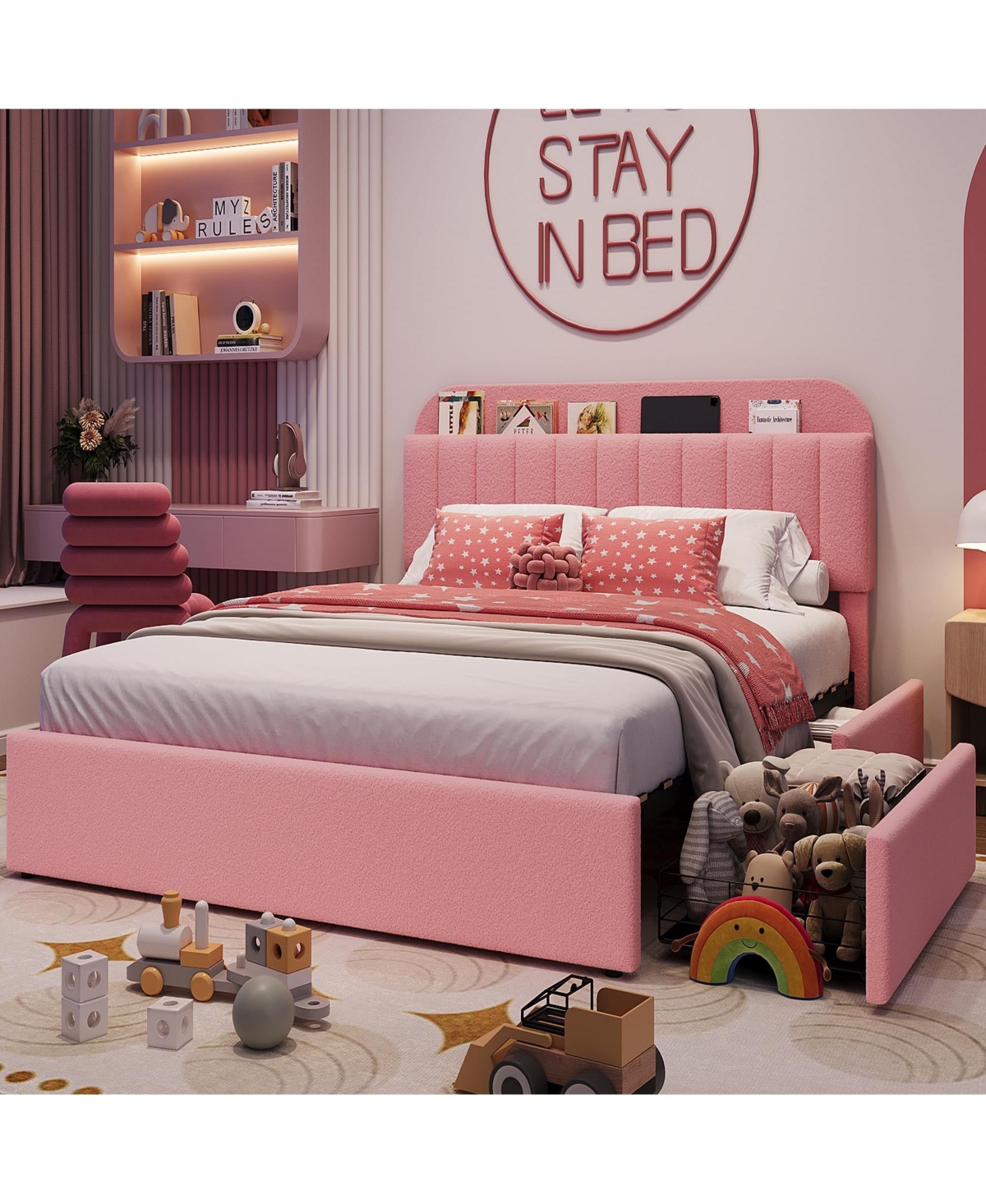 gaomon Queen Bed Frame with 2 Flexible Drawers and Bookcase Headboard