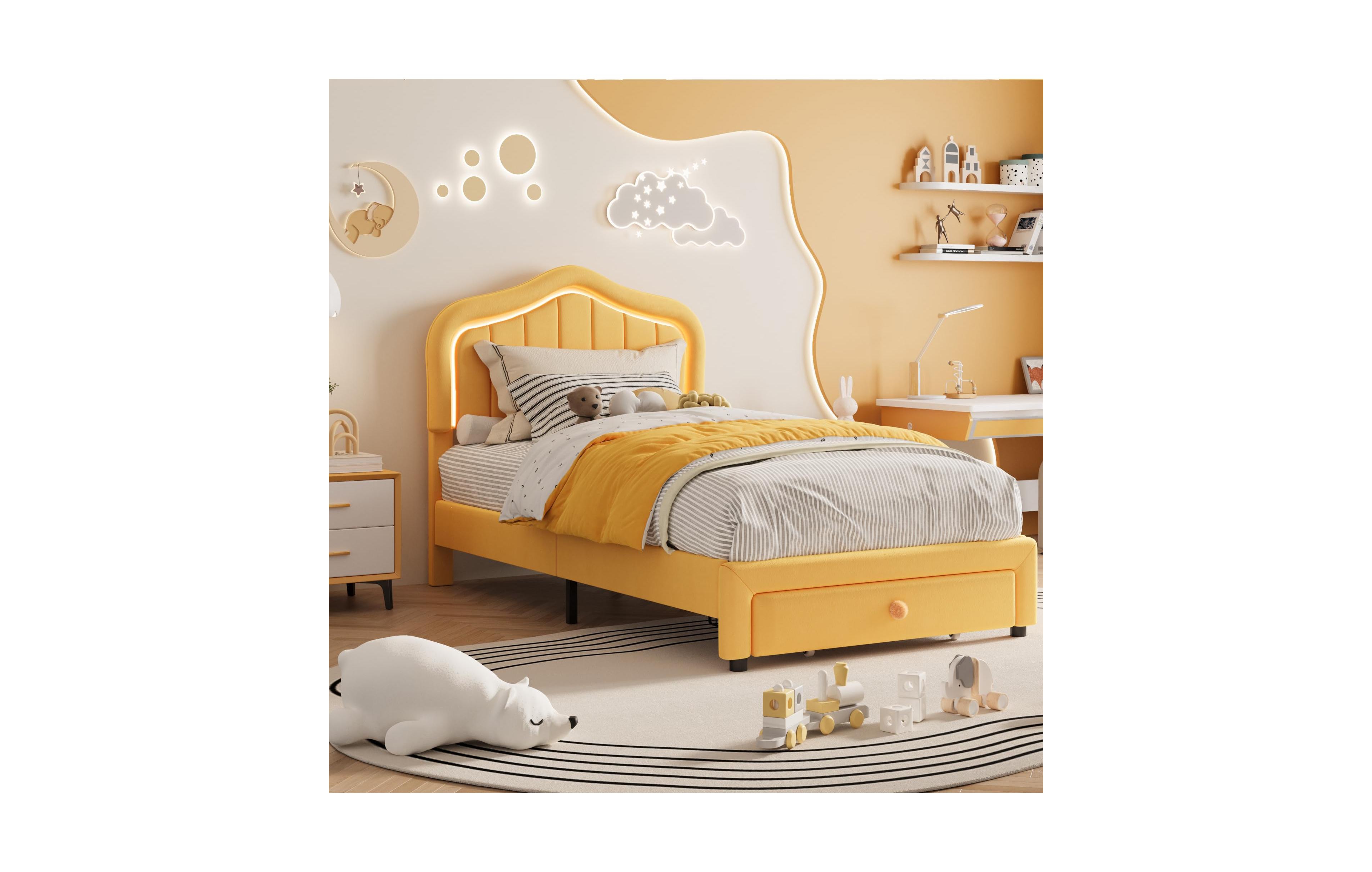 Gaomon Twin Size Upholstered Platform Bed Frame with Storage Drawer & Smart Led Headboard for Kids