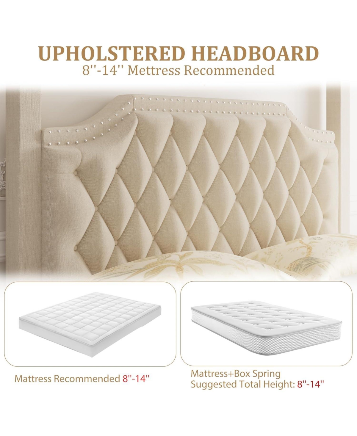 gaomon Upholstered Canopy Bed Frame Full Size with Headboard,Button Tufted,Nailhead Trim Design,No Box Spring Required