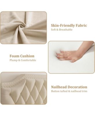 Upholstered Canopy Bed Frame Queen Size with Headboard, Button Tufted, Nailhead Trim Design, No Box Spring Required