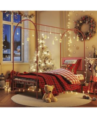 Twin Canopy Bed Frame, Metal Kids Platform with Upholstered Headboard, Strong Slats, Noise Free, Easy Assembly