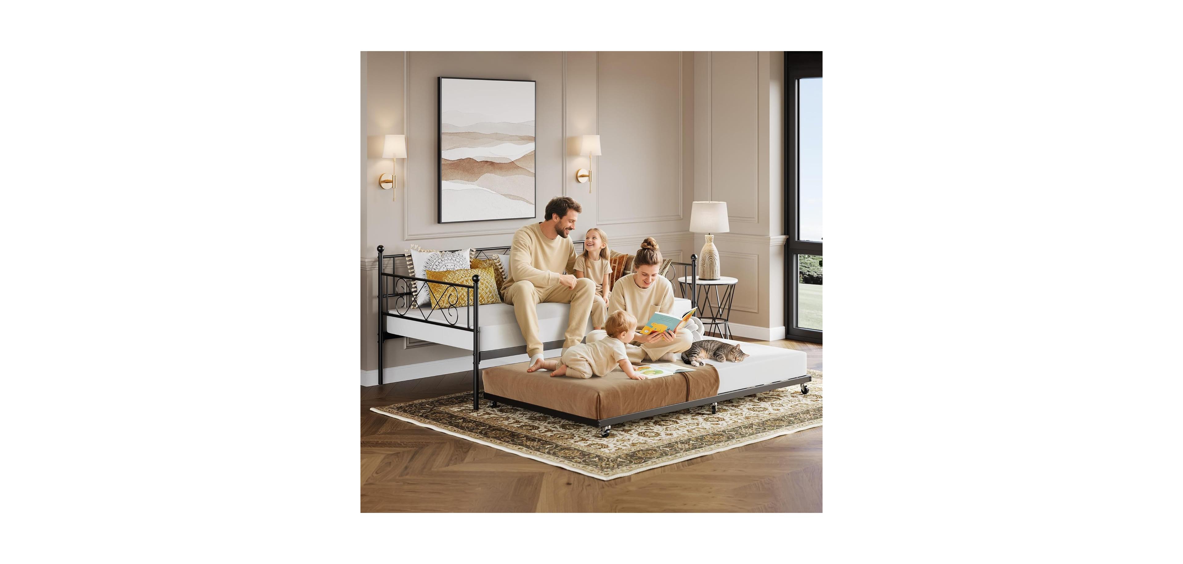 gaomon Twin Metal Daybed with Trundle , Durable Steel Slats, Compact Sofa Bed Pull-Out for Small Spaces