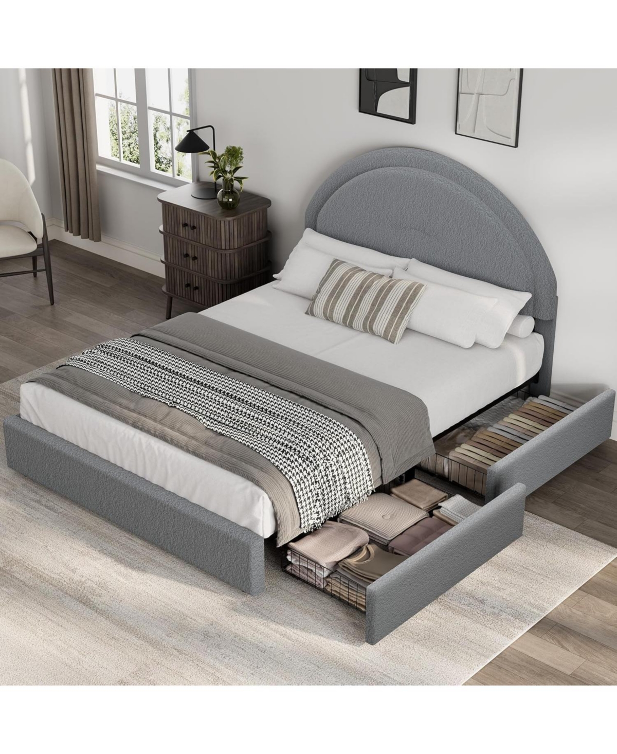 gaomon Bed Frame with Storage Drawers, Upholstered Boucle Platform Bed, Round Headboard, Heavy-Duty & Noise-Free, No Box Spring Needed