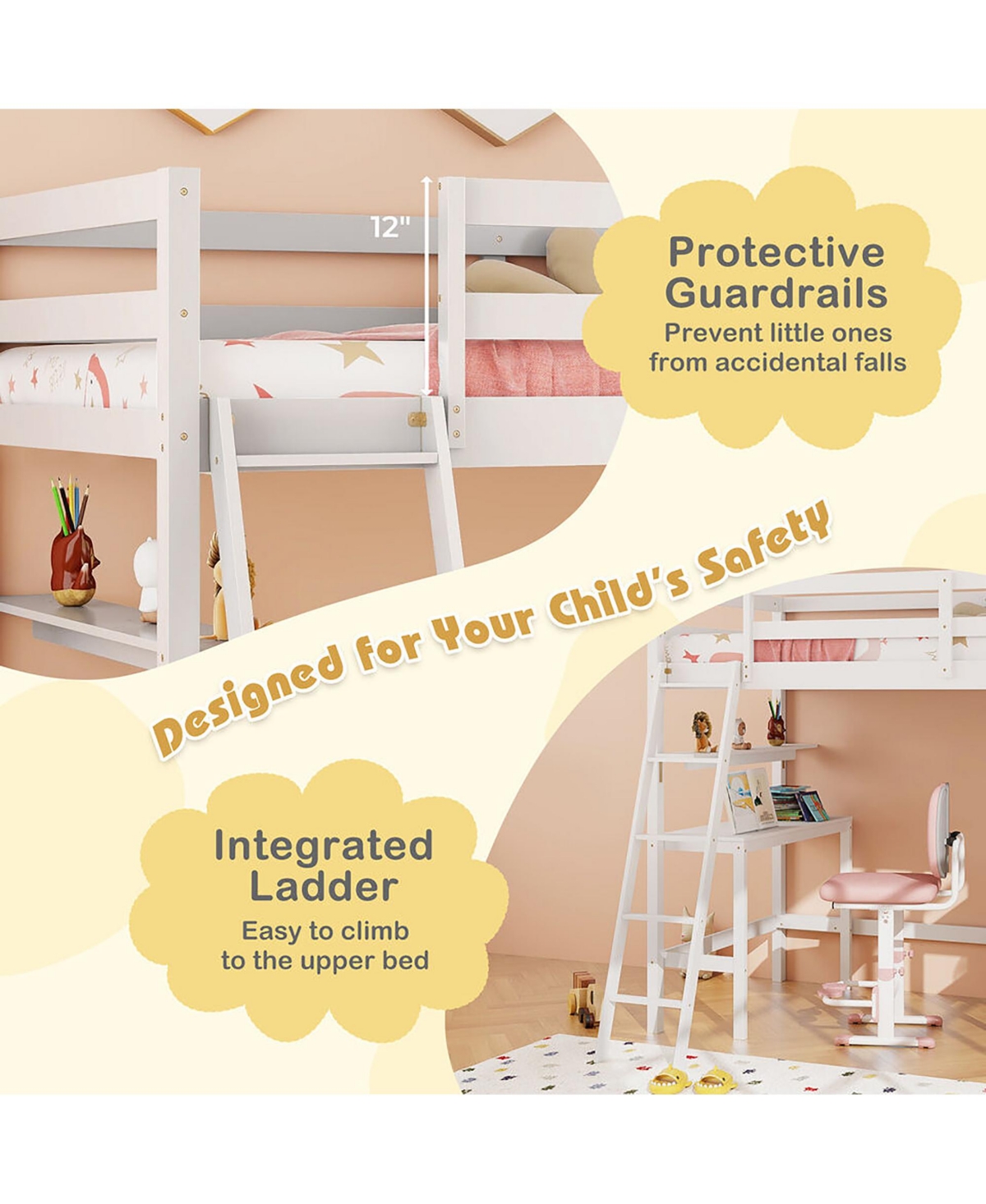 Gymax Twin Solid Wood Loft Bed w/ Desk & Bookshelves Ladder Guardrails