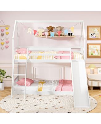 Twin Over Twin House Bunk Bed w/ Slide Solid Wood Low Bunk Bed for Kids