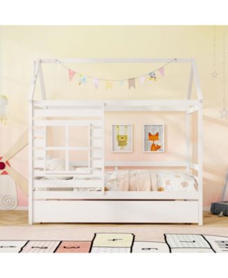 Twin Size House Bed with Trundle Wooden Platform Bed w/ Roof Chimney & Window