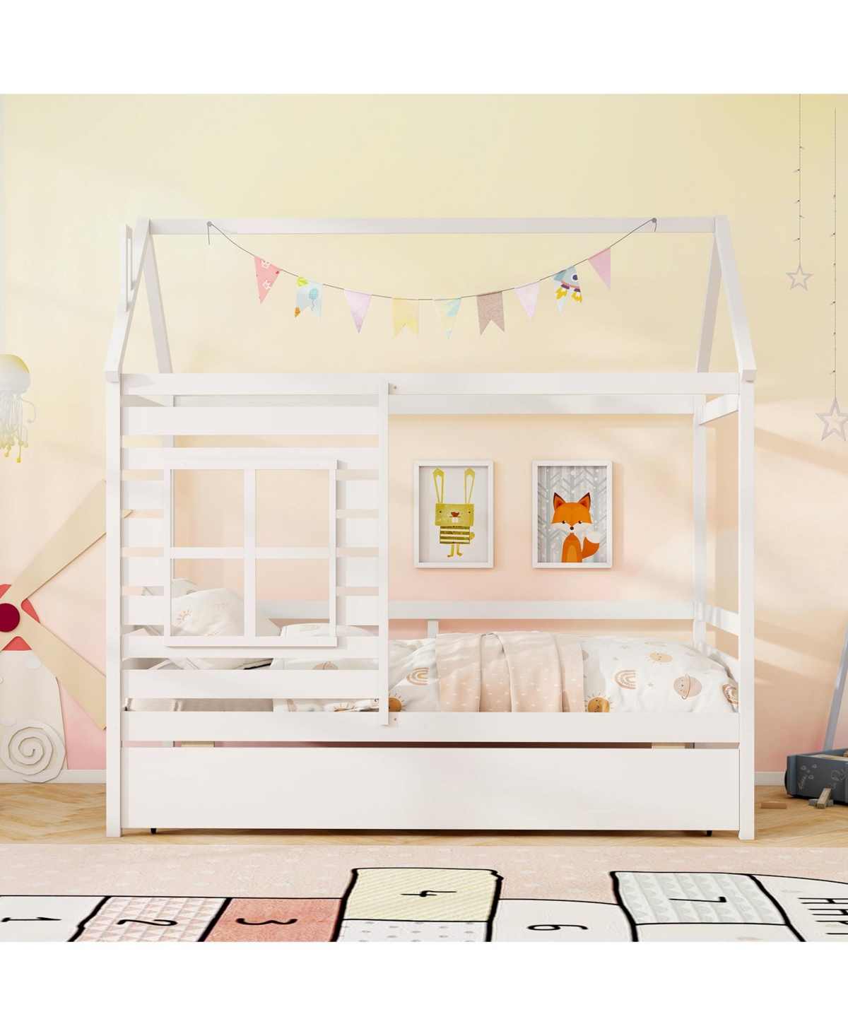 Gymax Twin House Bed with Trundle Wooden Platform w/ Roof Chimney & Window