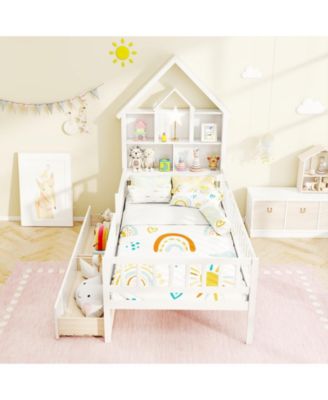 Twin Size House Bed w/ 2 Drawers Kids Montessori Bed w/ Storage Headboard