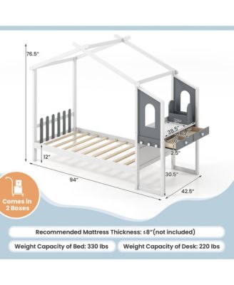 Kids House Bed w/ Study Desk & Removable Box Drawers Hanging Hooks