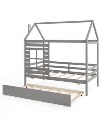 Twin Size House Bed with Trundle Wooden Platform Bed w/ Roof Chimney and Window