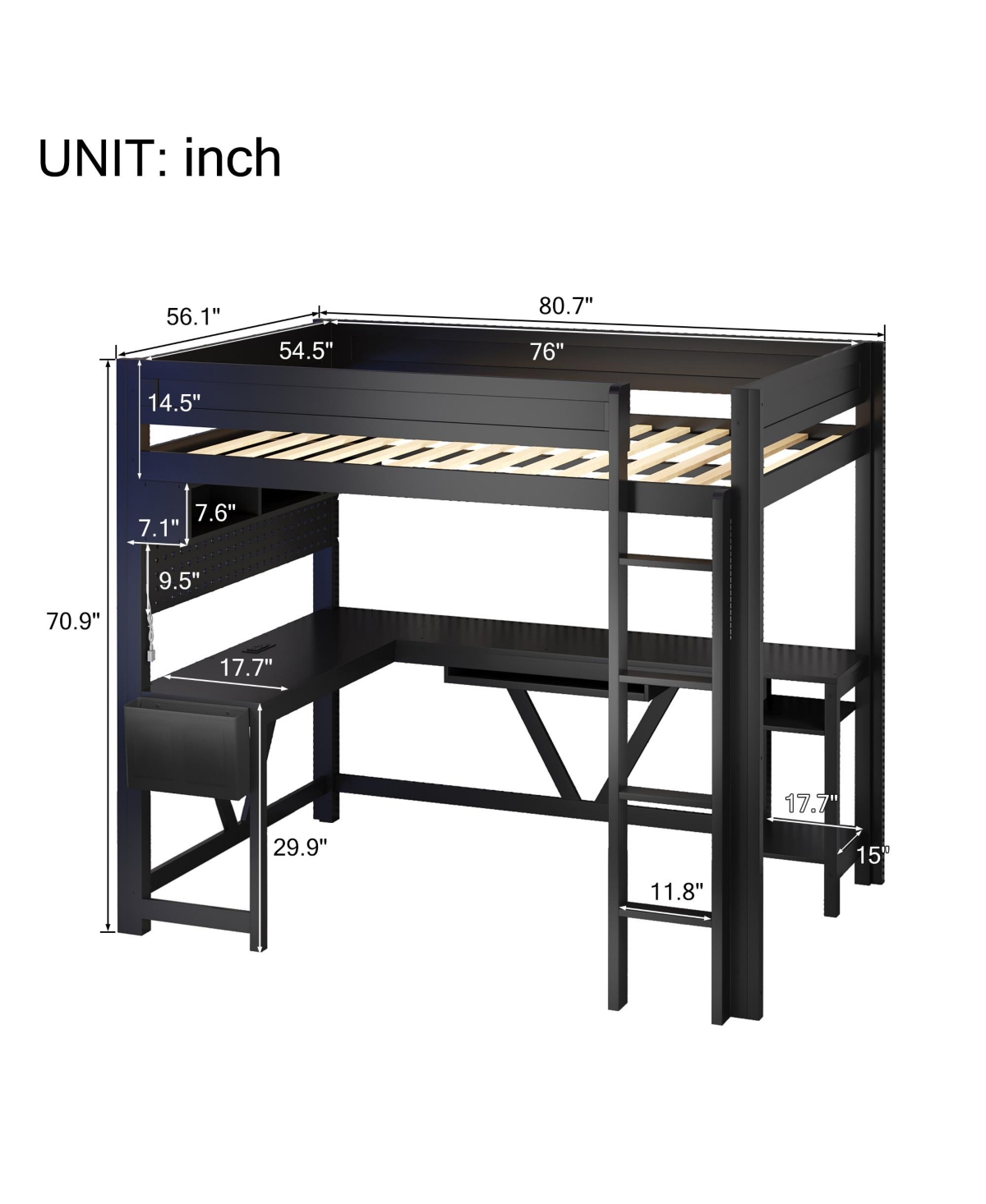Flynama Wood Full Size Gaming Loft Bed w Built In Desk Charging Station Led Lighting Storage Shelves Multifunctional Modern Living Spaces Furniture
