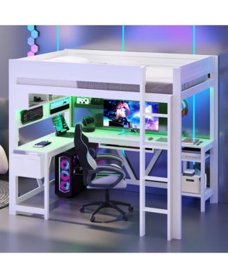 White Wood Full Size Gaming Loft Bed Built In Desk Charging Station LED Lighting Storage Shelves Multifunctional Modern Living Space Furniture