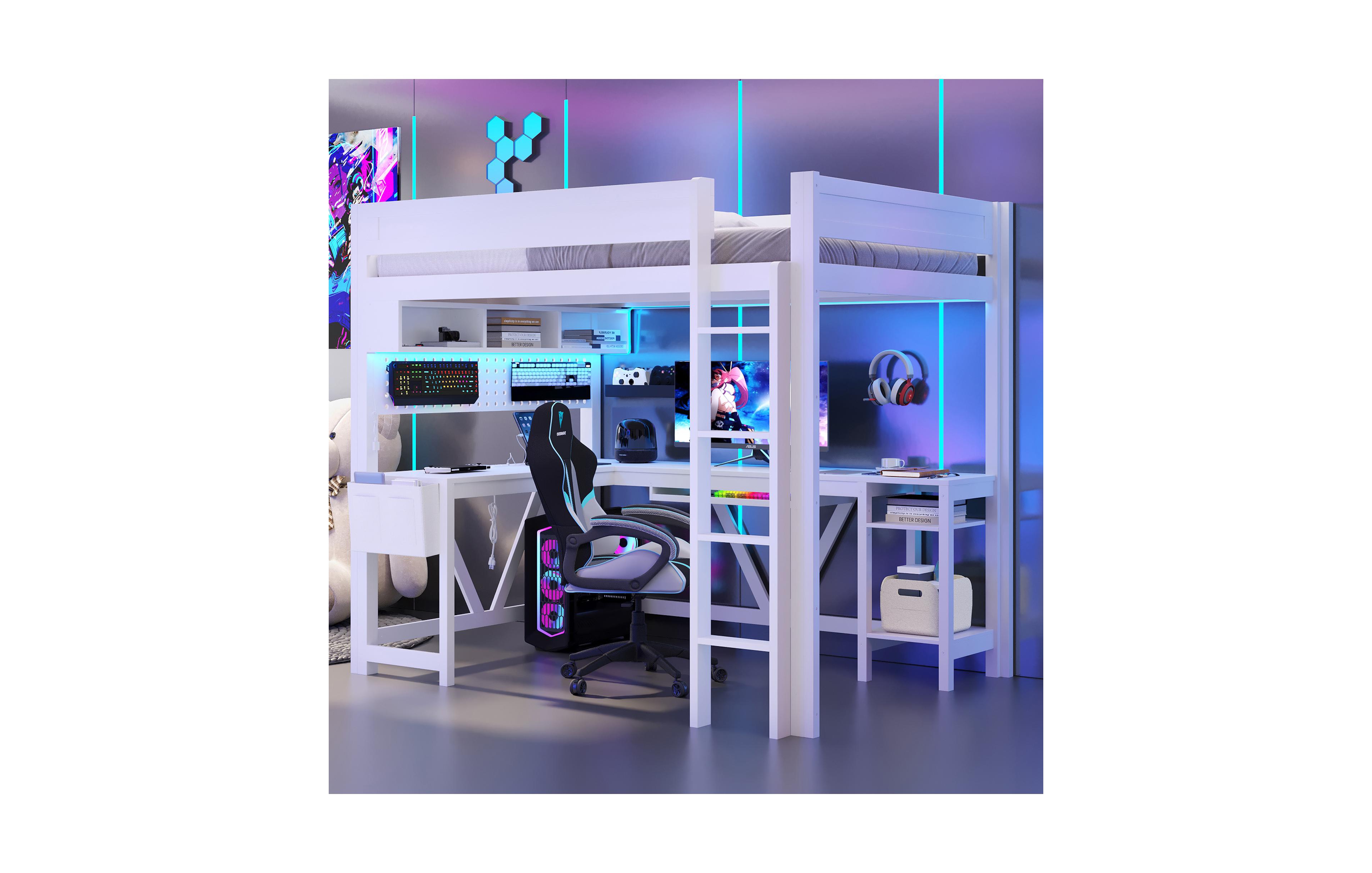 Flynama White Wood Full Size Gaming Loft Bed Built In Desk Charging Station Led Lighting Storage Shelves Multifunctional Modern Living Space Furniture