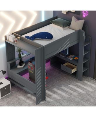 Dark Gray Wood Full Size Gaming Loft Bed Built In Desk Charging Station Storage Shelves LED Lighting Space Saving Teens Adults Furniture