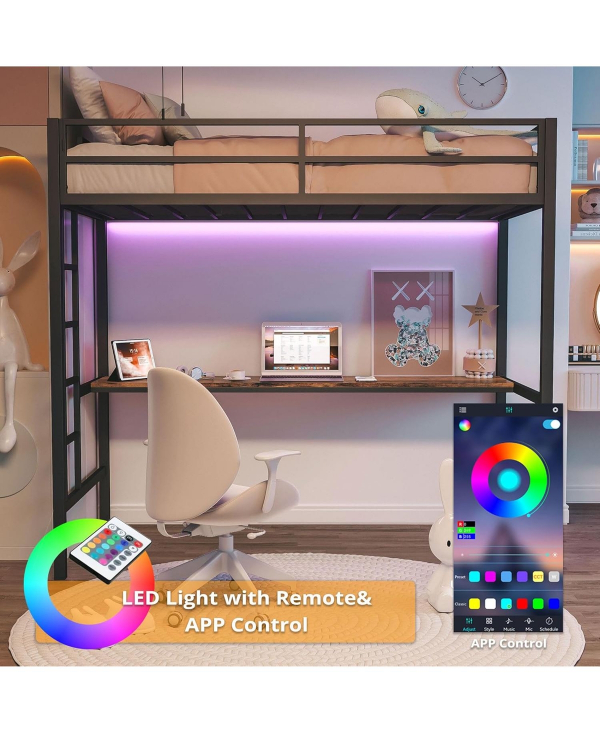Likimio Twin Loft Bed with Desk, Power Outlet & Led Lighting, Space-Saving Design, Black