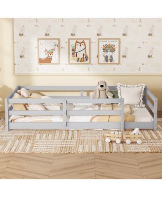 Pine Wood Twin Size Kids Floor Bed, Long-Lasting Montessori Floor Bed with Fence for Girls, Boys