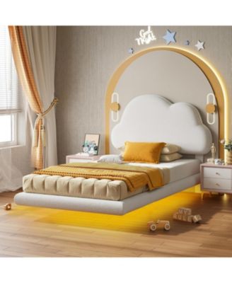 Twin Bed Frames, Floating Bed Frame with LED Light and Upholstered Headboard, Solid Wooden Slats Support