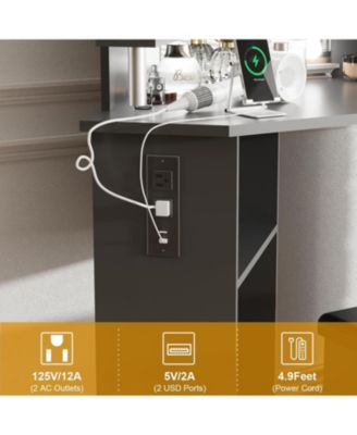 Corner Makeup Vanity Desk with Lights, Power Outlet, Rotating Drawers, Adjustable Brightness, Stool