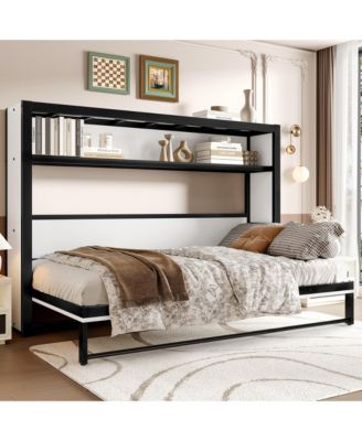 Twin Size Murphy Bed with Shelves, Metal Wall Bed with Foldable and Space-saving Design,Black