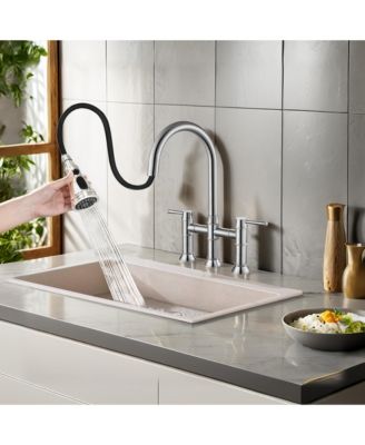 Boyelliving 3 Hole Kitchen Faucet with Pull Down Sprayer, Double Handle Kitchen Sink Faucet Brass Vintage Kitchen Faucets