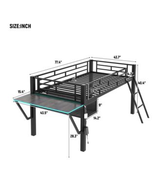 Black Metal Twin Size Gaming Mid Loft Bed with BuiltIn Desk and MultiColor LED Lighting Space Saving Furniture for Kids and Teens Bedrooms