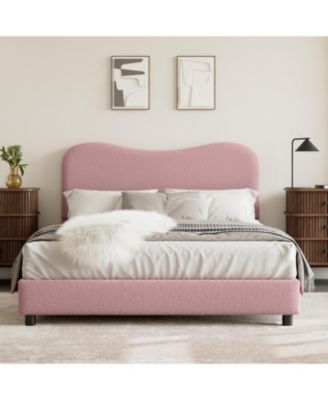 Upholstered Bed Frame with Headboard, Low Profile Platform, Rounded Corners, Wooden Slats - Full