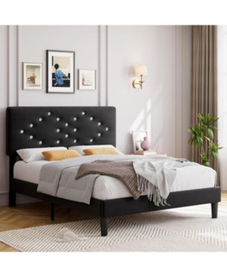 Velvet Upholstered Bed Frame with Tufted Headboard