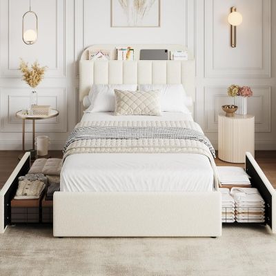 Boucle Upholstered Platform Bed with 2 Storage Drawers and Bookcase Headboard, Noise-Free, Easy Assembly, No Box Spring Needed