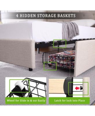 Full Bed Frame with Charging Station, Upholstered Platform Bed Frame with Wingback Headboard