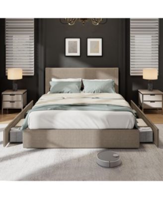 Corduroy Upholstered Platform Bed Frame with Tufted Wingback Headboard, Wood Slat Support, and 4 Storage Drawers.