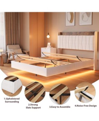 Queen Size Floating Bed Frame with LED Lights & Charging Station - Upholstered Platform Bed