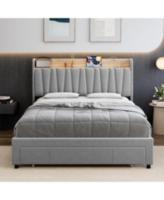 Upholstered Bed Frame with Storage Headboard, Drawer, Charging Station, Linen Platform, No Box Spring Needed