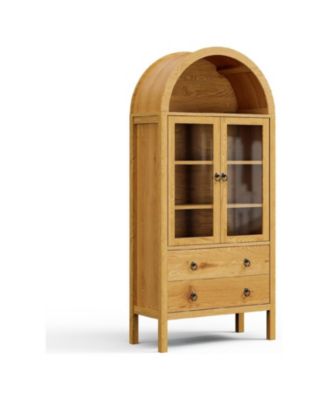 71" Arched Farmhouse Pantry Cabinet with Glass Doors, 2 Drawers & Adjustable Shelves, Display Hutch for Kitchen Dining Living Room