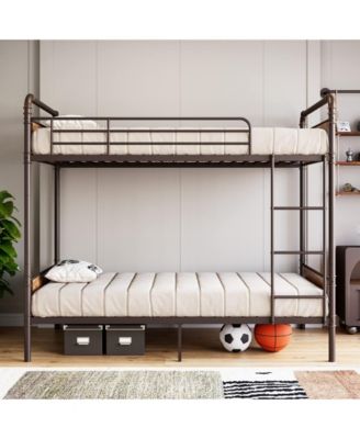 Metal Bunk Bed Twin Over Twin for Kids, Heavy Duty Twin Size Convertible Bunk Bed with Guardrail & Ladders