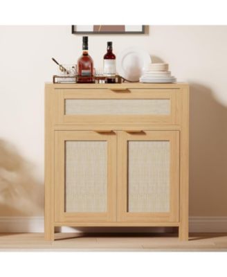 Rattan Buffet Cabinet with Storage, Narrow Sideboard with Doors & Drawer, Wood Console Table for Living Room