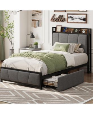 Size Upholstered Bed Frame with Storage Headboard, 2 Drawers, USB Charging Station, No Box Spring Needed, Heavy Duty