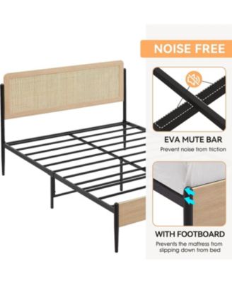 Boho Bed Frame with Rattan Headboard & Wood Footboard, Under Bed Storage, No Box Spring Needed - Standard/Queen