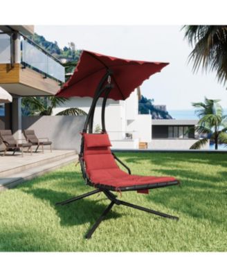Chaise Lounger Swing Chair with Umbrella Canopy, Patio Hanging Lounge Chair with Stand, Curved Steel Outdoor Chair for Pool, Garden, Backyard