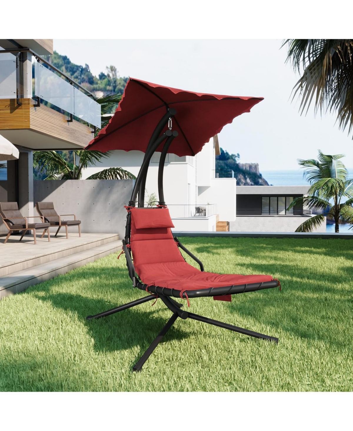 gaomon Chaise Lounger Swing Chair with Umbrella Canopy, Patio Hanging Lounge Chair with Stand, Curved Steel Outdoor Chair for Pool, Garden, Backyard